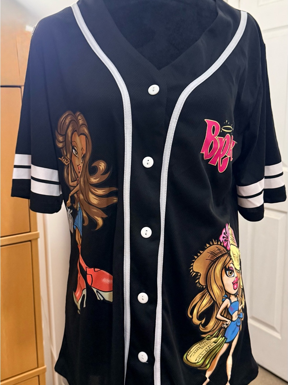 Black Button-Front Graphic Jersey Top with White Trim- Bratz doll